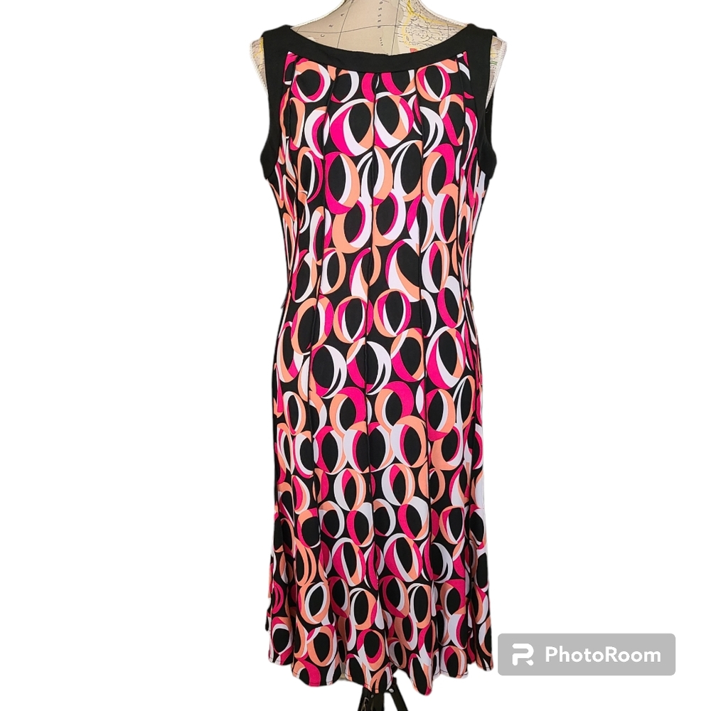 Sandra Darren Size 10 Black Pink Peach Psychedelic Pattern Sleeveless Minidress